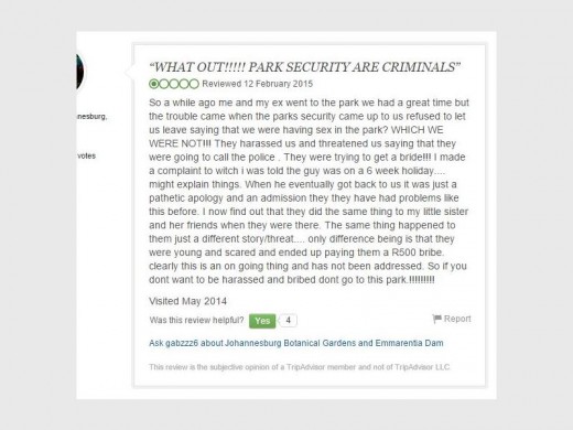 A screen grab of a Johannesburg Botanical Gardens review on the TripAdvisor website which alleges a similar incident of extortion by security guards at the gardens.