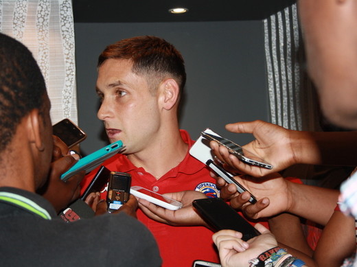 Dean Furman of SuperSport United is swamped by reporters at a press conference ahead of their Telkom Tshwane derby against Mamelodi Sundowns.