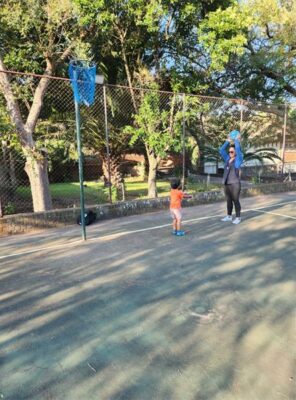 Maria Singh trains with her son