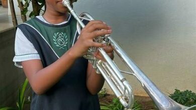 Nayima Ndlovu plays her trumpet.