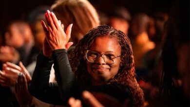 Lindiwe Hani claps for the Hani production