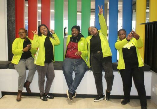Harambee contact centre agents Naledi Ntoke, Adelaide Mphuthi, Tsholofelo Maele, Kgaogelo Ntamo and Portia Simelane enjoy assisting job seekers over the phone. Photo: Naidine Sibanda