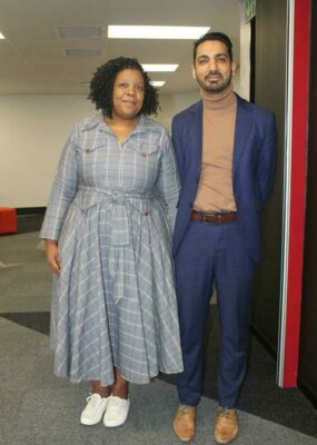 Chief communications officer at Harambee Zengeziwe Msimang and Waseem Carim, the CEO of the National Youth Development Agency, take the media on a tour. Photo: Naidine Sibanda