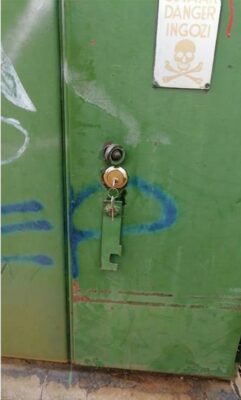 The newly fixed doors of the sub-station.