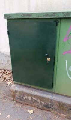 The newly repaired sub-station door on the corner of Cotswold and Engelwold.