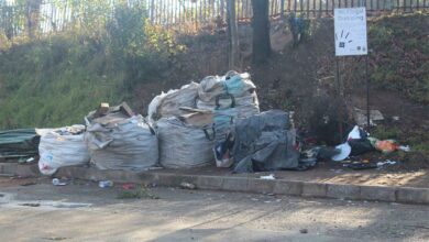 Recycling trash is dumped next to a 'no illegal dumping' sign in Hilson Park. Photo: Naidine Sibanda