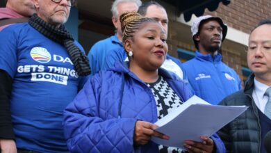 Caucus leader and counsillor, Belinda Kayser-Echeozonjoku addresses the media at Norwood Police Station regarding a case of corruption against City of Johannesburg speaker Colleen Makhubele. Photo: Asanda Matlhare