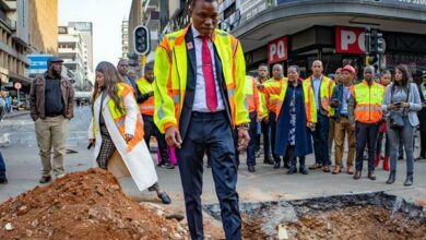 The City of Johannesburg Executive Mayor Kabelo Gwamanda inspects the damage caused by the underground explosion on Bree Street.