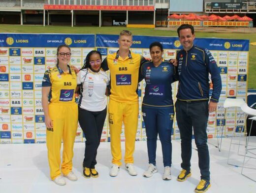 DP Lions cricket player, Sarah Nettleton, DP Lios marketing leader Lebohang Mokgethwa, DP Lions cricket player Ryan Rickleton, DP Lions cricket player Shaikjee and CEO of Lions Cricket Jono Leaf-Wright flaunt their 2024 new kit. Photo: Asanda Matlhare