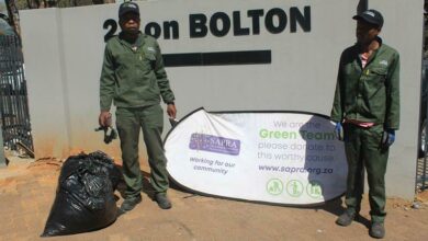Green team members Siya Shelembe and Sydney Gininda clean up on Bolton Road. Photo: Naidine Sibanda