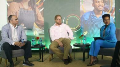 South African Future Trust CEO Nico Jacobs, executive chairperson of the Oppenheimer Foundation Johnathan Oppenheimer and news anchor Tumi Mothotoane have a fireside chat. Photo: Naidine Sibanda