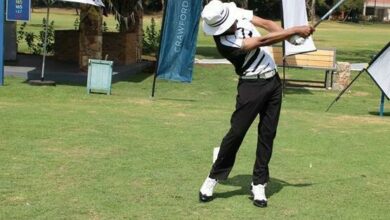 Mochelle Noge focuses after his tee shot. Photo: Asanda Matlhare