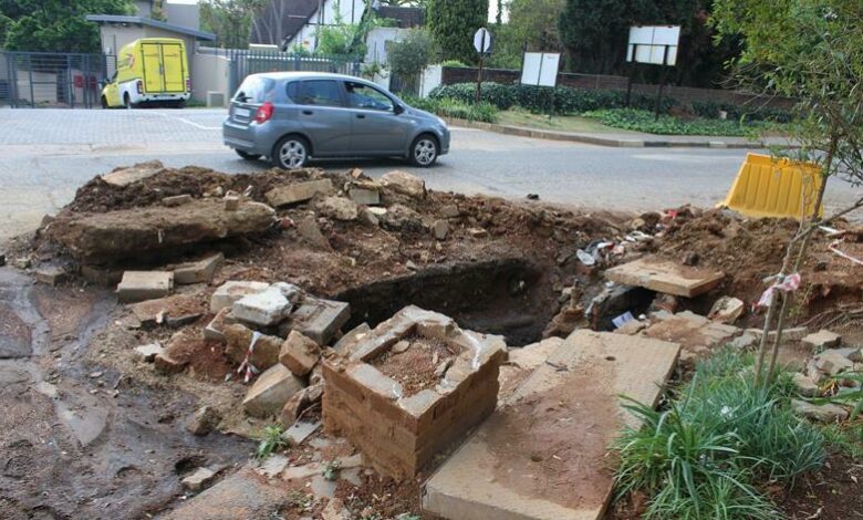 The dug-up hole on the corner of Buckingham and Grosvenor avenues in Craighall Park. Photo: Asanda Matlhare