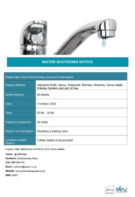 On Tuesday some suburbs will be without water. Photo: Johannesburg Water (X)