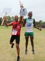 Edwin Smith and Heston Mabedi jump for joy after the 10km race.