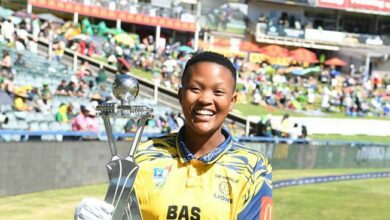 DP World Lions player Kgomotso Rapoo holds the trophy after the 5th Betway One Day International match between South Africa and Australia at DP World Wanderers Stadium.