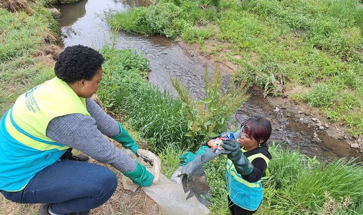Gugulethu Mazibuko and Belchan Diabankana pick up waste from the stream.