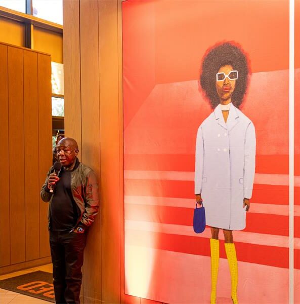 Sam Nhlengethwa's collection at the hotel features a selection of his globally-acclaimed figure paintings, collages, tapestries, and prints.