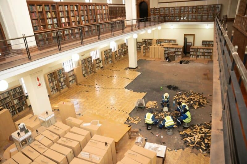 The repair process for Johannesburg City Library’s parquet flooring includes levelling subfloors and re-finishing surfaces.