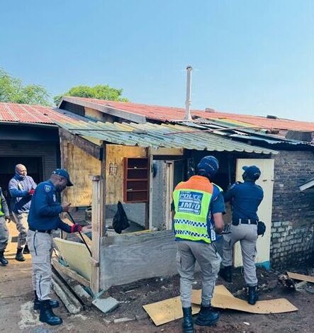 Law enforcement officials (JMPD) inspect and dismantle a small, makeshift dwelling during the operation to remove illegal structures and reclaim the municipal land on October 8, 2025 at the old Parkhurst Bowling Club. Photo: Supplied