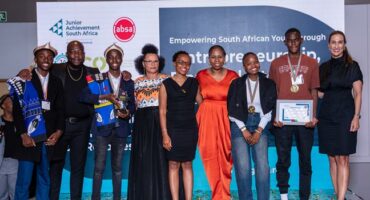 Winners of the Junior Achievement South Africa Company of the Year Competition celebrate their success alongside JA SA executive director Nelo Phindile Spies and partners from Absa in September 2025. Photo: Supplied