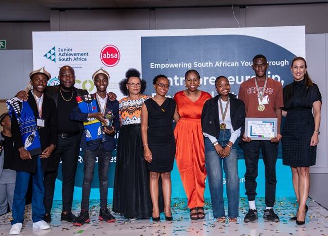 Winners of the Junior Achievement South Africa Company of the Year Competition celebrate their success alongside JA SA executive director Nelo Phindile Spies and partners from Absa in September 2025. Photo: Supplied