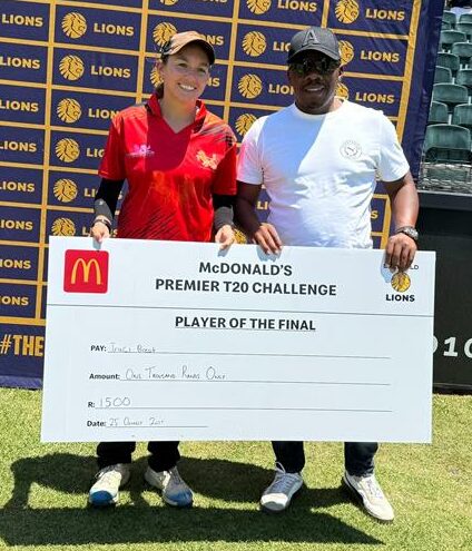 Player of the match Traci Brest, from Wanderers Chariots, and DP Lions Women's team coach Sandile Masengemi at DP Wanderers Stadium on October 25, 2025. Photo: Naziya Davids-Easthorpe