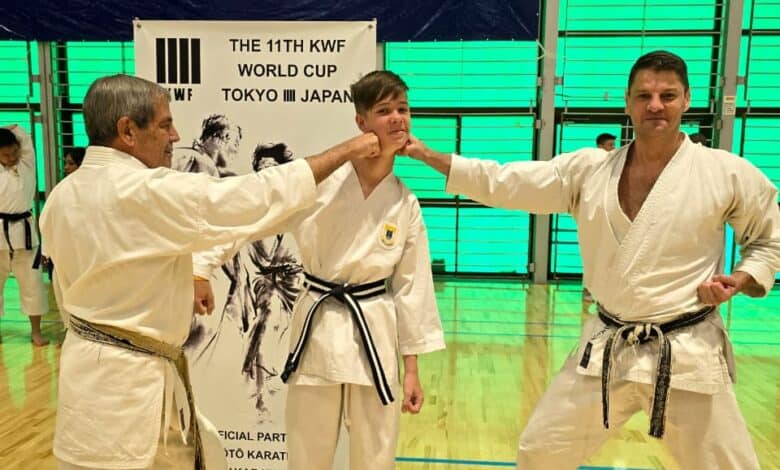 Senseis Malcolm and Shane Dorfman with their student Barrett Flinner on October 4, 2025. Photo: Supplied
