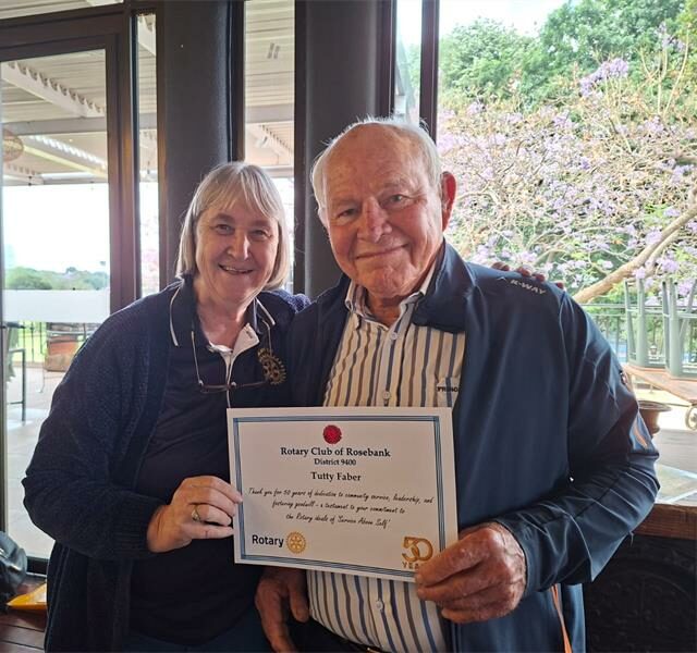 The Rosebank Rotary Club gathered to honour one of its most dedicated members, Tutty Faber, whose 50-year journey with Rotary is a shining example of service, humility, and friendship.