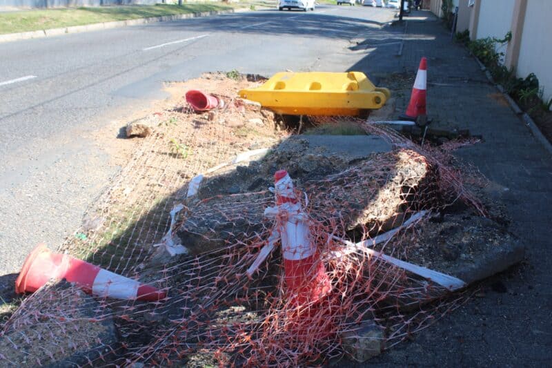 Motorists and pedestrians on 2nd Avenue, Lyndhurst, continue to have to dodge excavations, while the broken storm water drain repairs face further delays.
