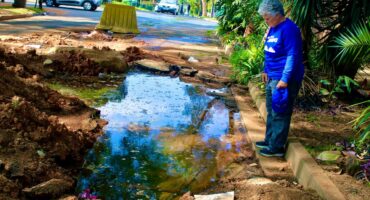 Ward 73 councillor, Eleanor Huggett surveys the flooded excavation in Orange Grove on June 3, 2026. Photo: Asanda Matlhare