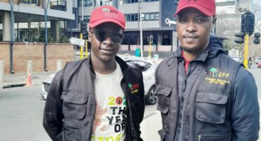 EFF representatives Gift Netshivhazwaulu and Lunga Nkwenkwezi at Cartrack's Rosebank offices to find answers regarding employee death allegations on June 9, 2026. Photo: Thato Modopi