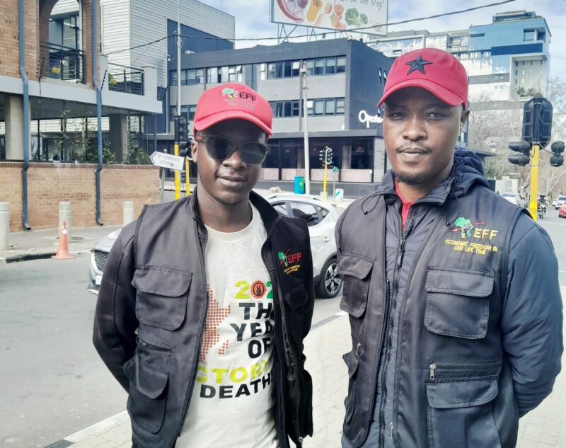 EFF representatives Gift Netshivhazwaulu and Lunga Nkwenkwezi at Cartrack's Rosebank offices to find answers regarding employee death allegations on June 9, 2026. Photo: Thato Modopi