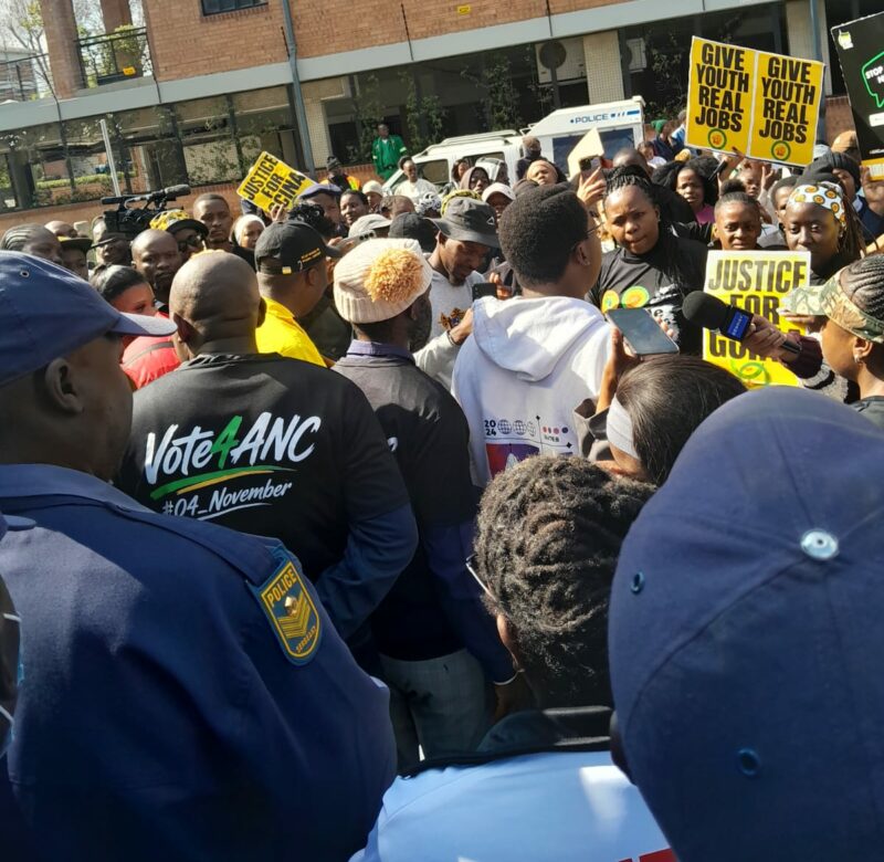 Community members gather at Cartrack in Rosebank seeking accountability from the company regarding an employee's death. Photo: Thato Modopi