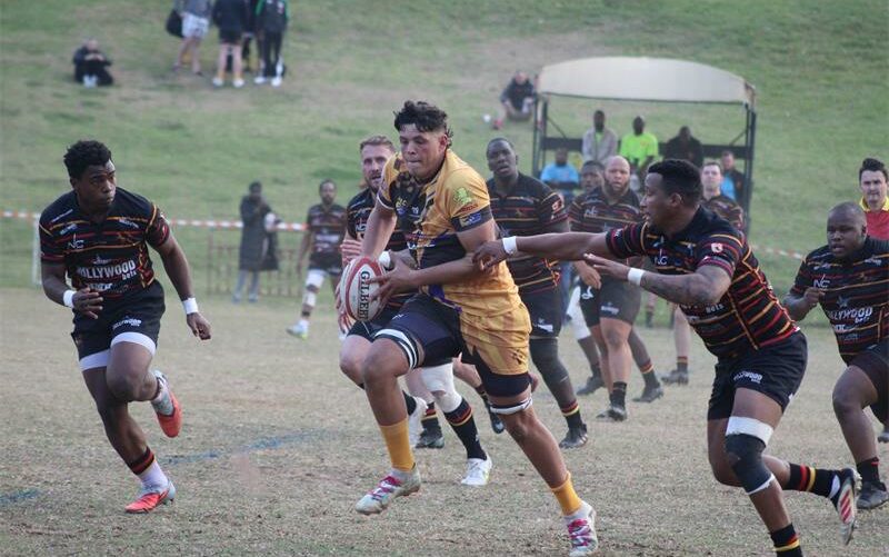 Wanderers rugby player, Olly Zondo on the far left and Wanderers rugby player, Tebogo Thantshi on the far right run after Elande Alberton Rugby Club player on June 27, 2026. Photo: Asanda Matlhare
