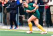 South African women's hockey player Hannah Pearce passes the ball. Photo: ACK Sport Photography
