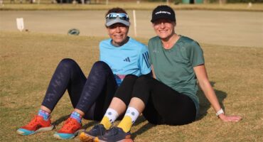 Liesl Hollis and Cristina Karadimitriadis catch a breather after completing a 5km trail on August 8, 2026. Photo: Asanda Matlhare