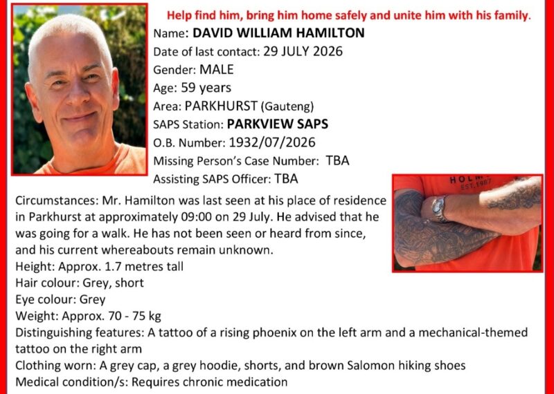 Parkview SAPS are in search of a reported missing, 59-year-old man.