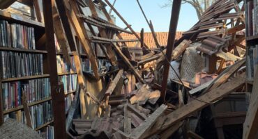 Inside the Parkhurst Library after the collapse of the roof. Photo: Supplied