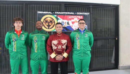 Saifullah Chafeker, Sinawo Yola, Mohammed Junaid Chefeker, and Luqmaan Slarmie represent the South African Chin Whoo Kung Fu teams at the UWMAFSA Open Martial Arts Tournament on July 25, 2026. Photo: Thato Modopi