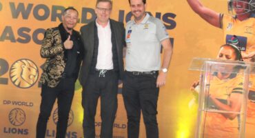 President of the Central Gauteng Lions board Ashraf Stemmet, Afrox CEO Ferdinand Kuehner and DP World Lions CEO Jono Leaf-Wright at the launch of the DP World Lions 2026/27 season on September 1, 2026. Photo: Asanda Matlhare