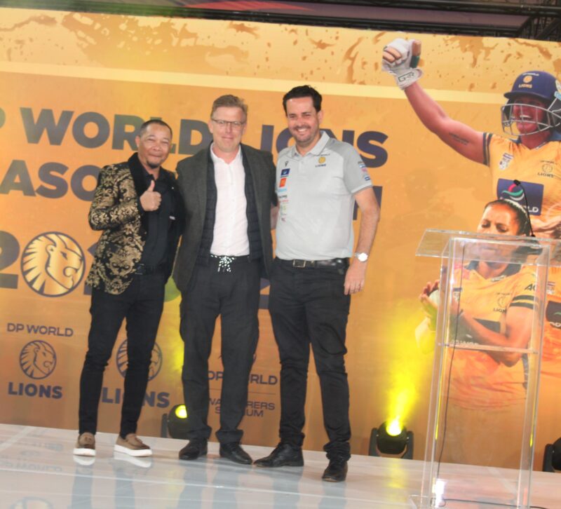 President of the Central Gauteng Lions board Ashraf Stemmet, Afrox CEO Ferdinand Kuehner and DP World Lions CEO Jono Leaf-Wright at the launch of the DP World Lions 2026/27 season on September 1, 2026. Photo: Asanda Matlhare