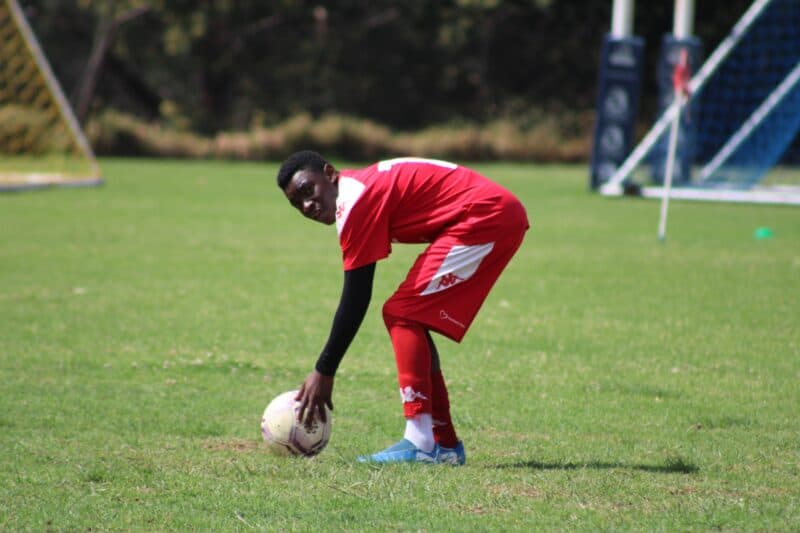 U14 Highlands Park player, Percy Magaia lines up ball for penalty kick on September 20, 2026. Photo: Asanda Matlhare