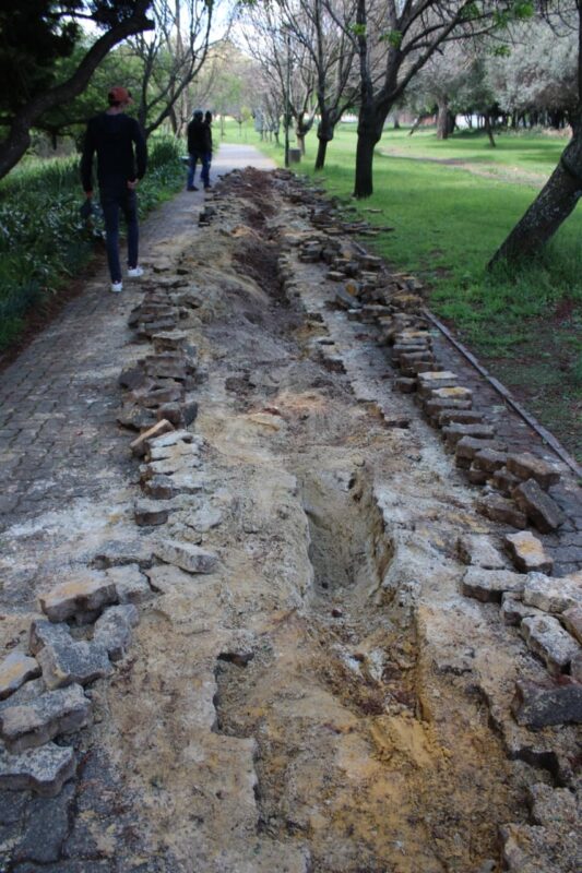 The dug-up walkway where cable thieves stole the copper wiring at Zoo Lake on October 1, 2026. Photo: Naziya Davids-Easthorpe