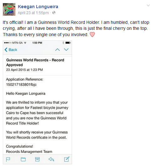 Keegan's update on Facebook after receiving the news.