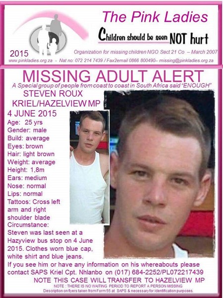 Mr Steven Roux (25) was last seen on Thursday, June 4 when he climbed on a bus from Hazyview.