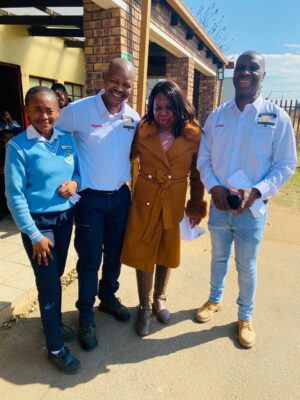 Rethabile Chefa, Lucky ‘Taposa’ Makua, Annia Manzini-Phiri, and Mandla ‘Power’ Shongwe during Ubuntu Community Development outreach at Amandla Primary School.