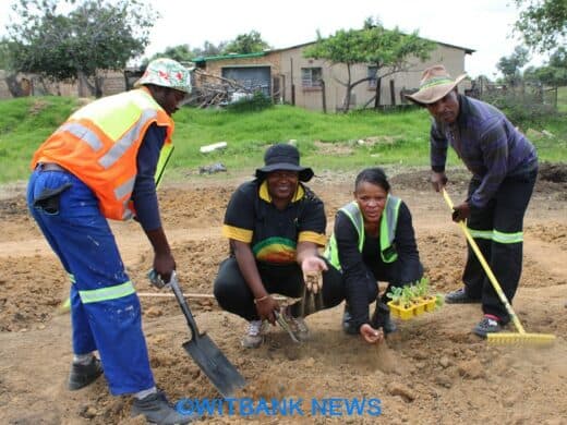 Lindokuhle Jali, Bhekiwe Nyathi, Phindile Skosana, and Andries Gumede at a community garden in Kamgewane where Clr Sizwe Mathebula donated seeds.
