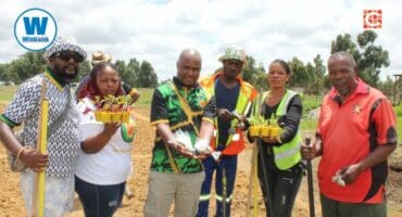 Marvelous Nyanda, Simphiwe Mahlangu, Clr Sizwe Mathebula, Lindokuhle Jali, Phindile Skosana, and Lucas Mahlangu at a community garden in Kamgewane where Clr Sizwe Mathebula donated seeds.