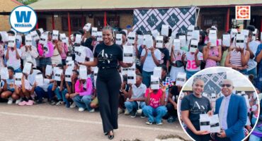 Angel Nkosi, founder of Angel Network, Jeremiah Mdaka Primary School principal, Lehwelere Tjatji, and some of the learners from Jeremiah Mdaka Primary School.